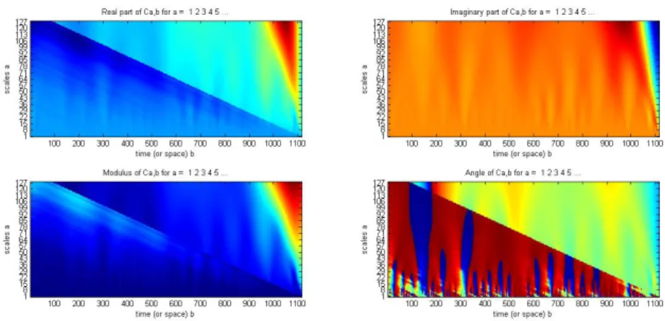 Figure 7: Complex Morlet wavelet transform coe ffi cients plots: First row is the Real and Imagi- Imagi-nary parts and the second row represents Modulus and Angle coe ffi cients