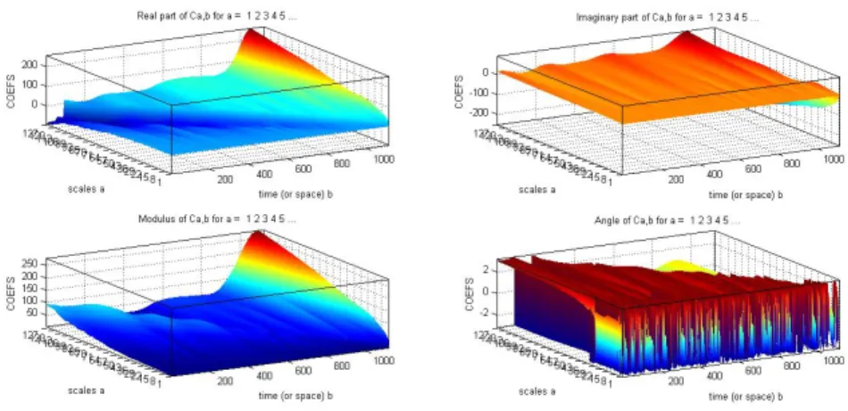 Figure 8: Complex Morlet wavelet transform coe ffi cients plots: First row is the Real and Imagi- Imagi-nary parts and the second row represents Modulus and Angle coefficients
