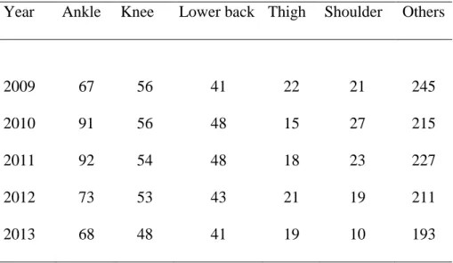 Table 2. Location of injuries (number) per year   