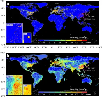 Fig.  3.  Geographical  distributions  of  absolute  and  relative  uncertainties  of  CO 2   emissions  from  combustion  sources,  excluding  shipping  and  aviation  at  0.1°×0.1°  resolution
