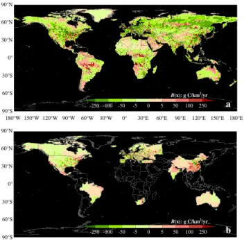 Fig.  7.  Geographic  distribution  of  terrestrial  ecosystem  carbon  flux  deduced  by  subtracting  from  the  net  land-atmosphere  carbon  flux  in  an  atmospheric  inversion  CarbonTracker