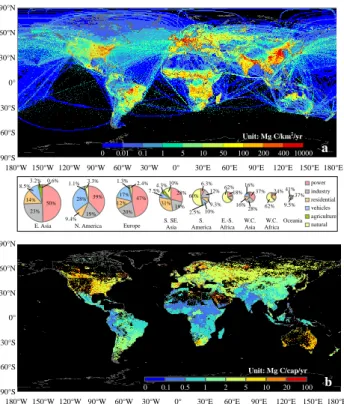 Fig. 1. Geographic distributions of total and per-capita CO 2  emissions from combustion sources at 0.1°×0.1° 