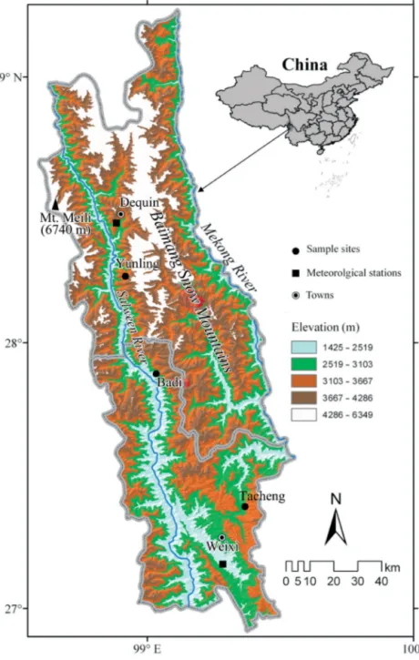 Fig. 1. Tree-ring sample sites and meteorological stations in the Baimang  Snow Mountains, northwestern Yunnan, China