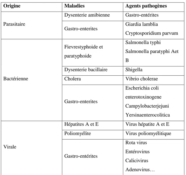 Tableau  II.5  :  Principales  maladies  d’origine  hydrique  et  agents  microbiologiques  responsables