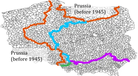 Figure 1.1. Partition borders after the Congress of Vienna, 1815   Figure 1.2. The Northern and Western territories  Prussia  Habsburg  (Austro-Hungary) Russia  Prussia  (before 1945)  Prussia  (before 1945) 