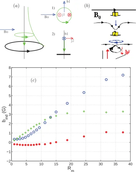 Fig. 4. α eﬀect in the case of a single rotating disc (the same disc as in Fig. 3). ( a ):