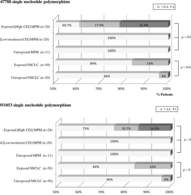 Figure 2. Single nucleotide polymorphisms in TP53 intron 7 in non-small-cell  lung  cancer  and  malignant  pleural  mesothelioma  populations  according  to  asbestos exposure