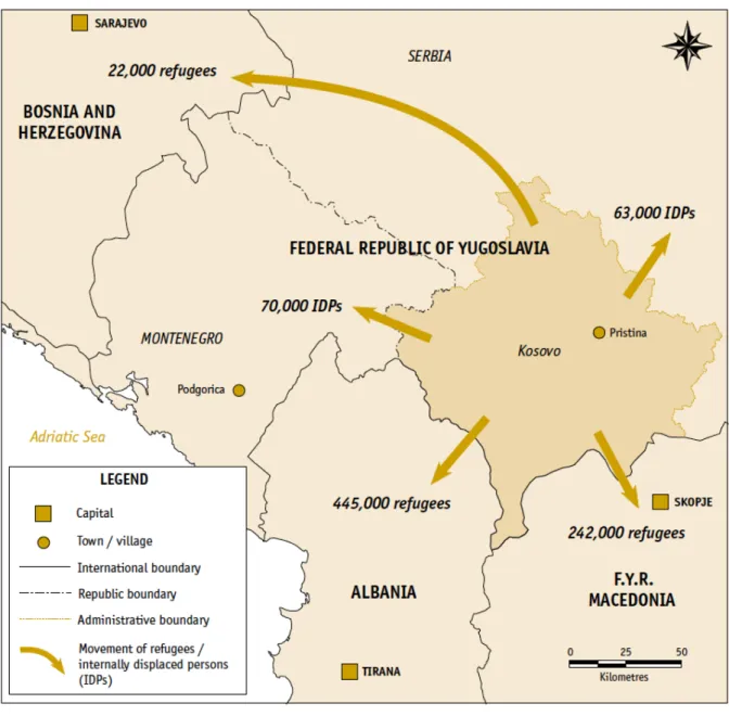 Figure A-1: Displaced populations from Kosovo in neighbouring countries/territories, mid-June 1999