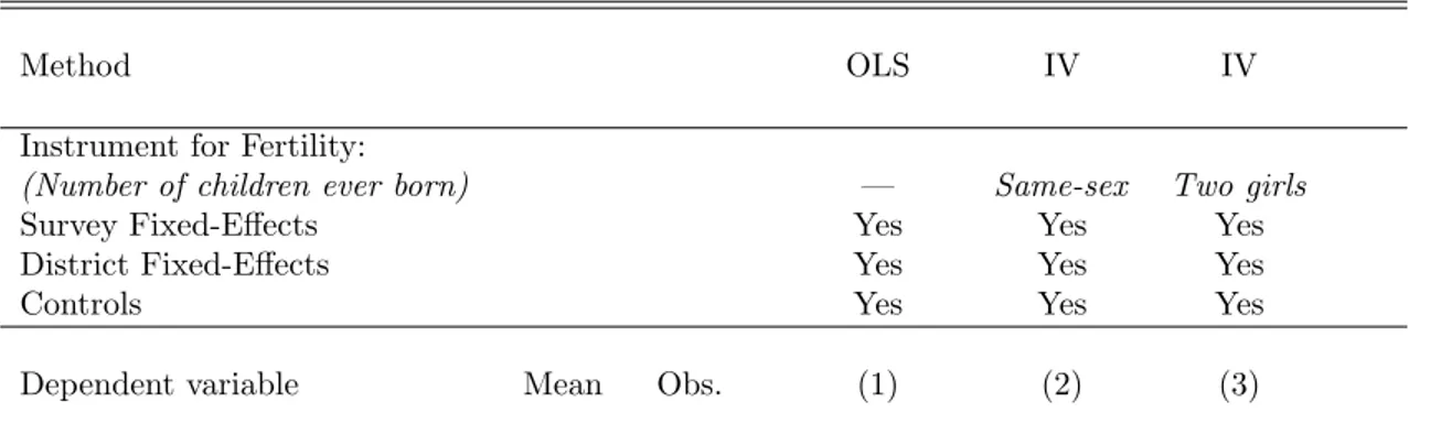 Table 8: OLS and IV Estimates of Mother’s Labor-Supply Models in Albania (2002 - 2012) (Mothers aged 20 to 49 years old with 2 or more children younger than 18 years old)
