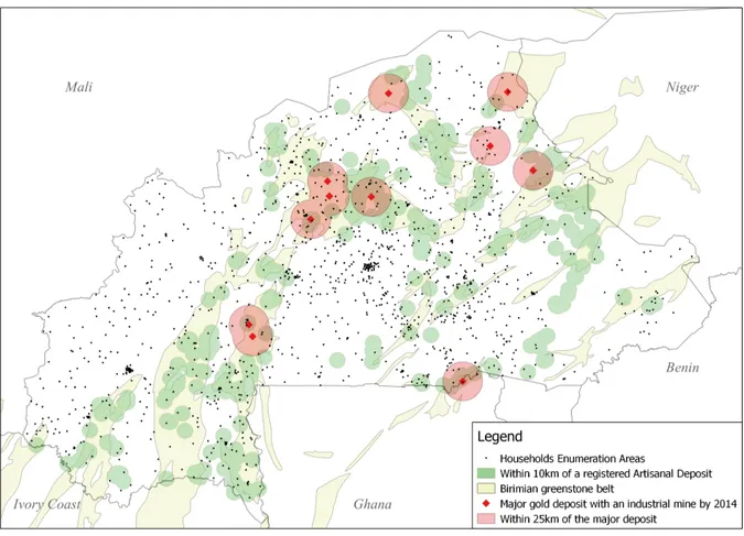 Figure 3: Location of enumeration areas for household surveys and mines (both industrial and artisanal)