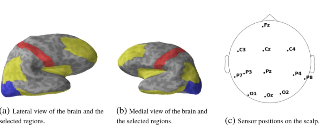 Figure 4.2: Source regions and and electrode positions of the simulated datasets.