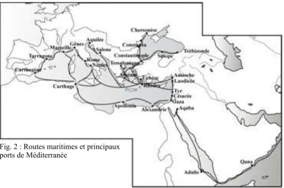 Fig. 2 : Routes maritimes et principaux  ports de Méditerranée