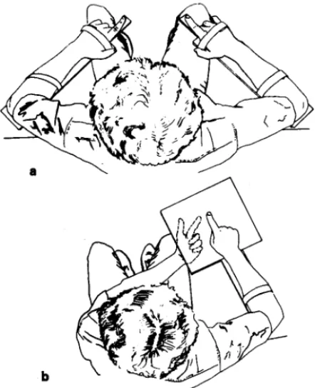 Fig. 1. Illustration of the experimental set-up: subject viewed from above in matching (a) and pointing (b) tasks.