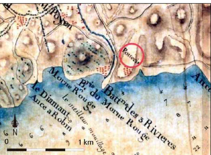 Figure 7.  Extract of the Guadeloupe Map  drafted by French Royal Engineers between 1764 and 1768, on  which a pottery workshop is located at Trois-Rivières (archival document from Service Historique de la 