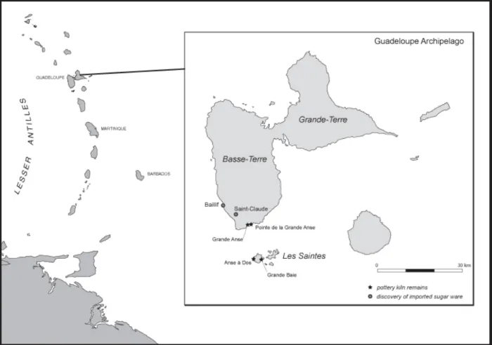 Figure 1.  Pottery kiln sites in Guadeloupe and discoveries of imported sugar ware.  