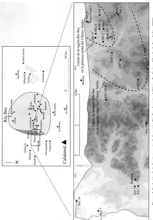 Figura 4. evolución de la frontera oeste de la región río Bec durante el clásico tardío (modificado de nondédéo, 2003)