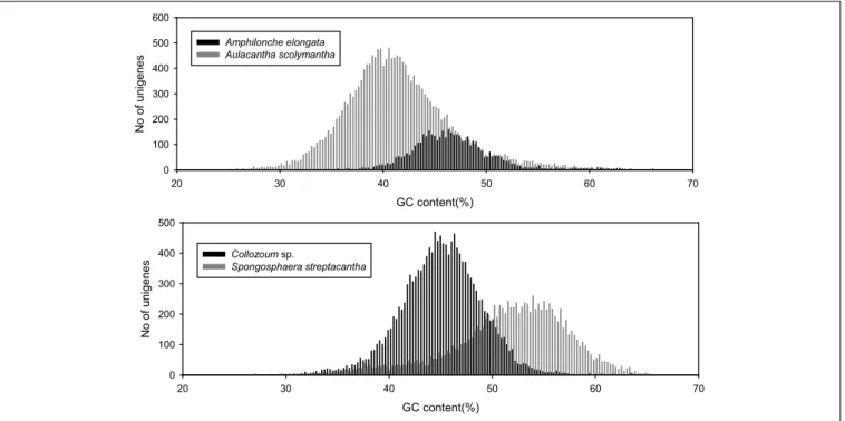 FIGURE 2 | GC content of putative eukaryotic mRNA unigenes for the four specimens analyzed in the present study.
