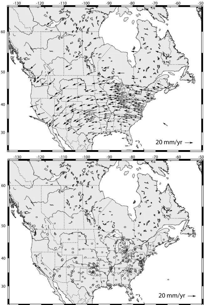Figure 6. (top) GPS-derived station velocities in ITRF2000. (bottom) Residual velocities with respect to North America.