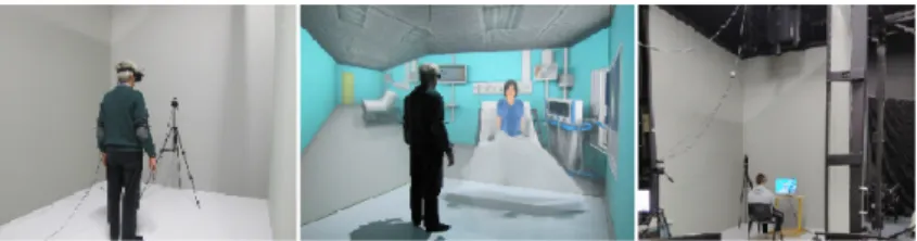 Fig. 3: Participants interacting with the virtual patient with different virtual environment displays (from left to right): virtual reality headset, virtual reality room, and PC.