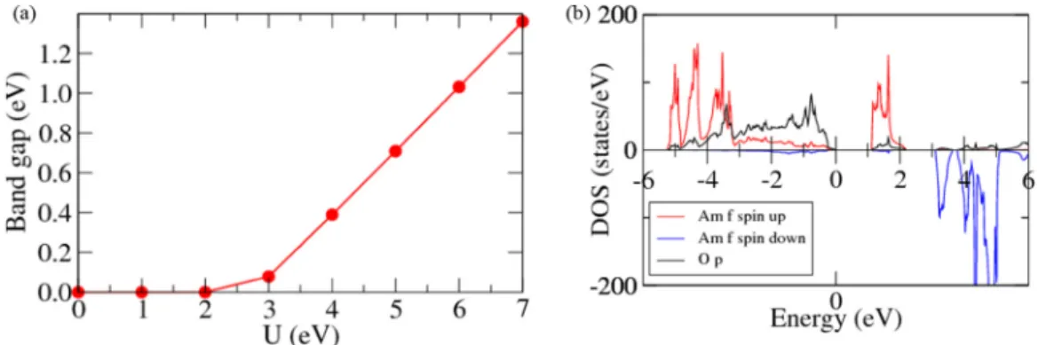 FIG. 5. (a) Evolution of the band gap as a function of the U parameter. (b) Electronic density of states (DOS) projected onto the Am f (spin up and spin down) and O p orbitals in AmO 2 .