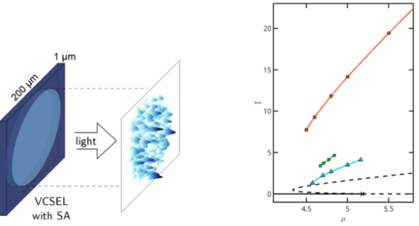 Fig. 3 Left panel: scheme of the the system in study. Right panel: branches of solutions displayed for r = 1 as a function of the control parameter µ (injected current in the active medium, see text): homogenous stationary solution (dashed black line), sta