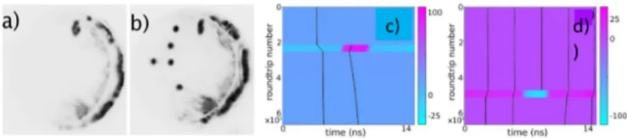 Fig. 2 Generation of localized states in a broad area semiconductor laser. a) stable homo- homo-geneous solution