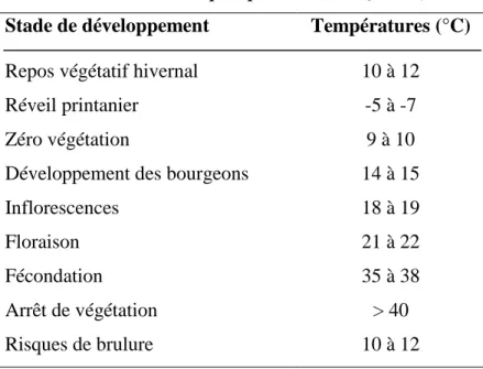 Tableau 5 : Critères thermiques pour l’olivier (S EBEI , 2007) :  Stade de développement  Températures (°C) 