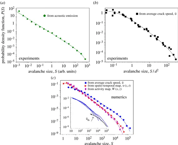 Figure 4. Distribution of individual event size P(S) for experiments (a,b) and simulations (c)