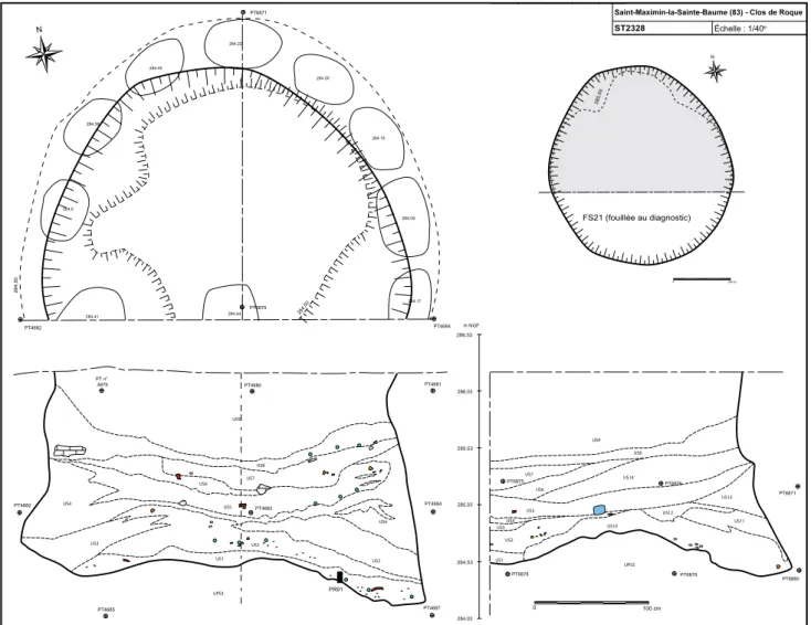 Figure 15 - Plan et coupe est-ouest de la cave-silo ST2328 attribuable au Néolithique final de la phase 1 (infographie : M