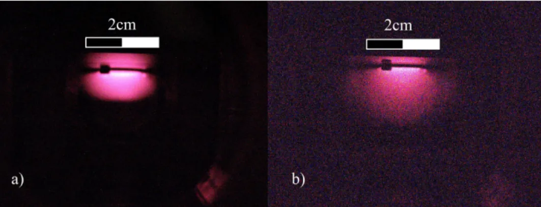 Figure 6: Images of 4 atm (a) and 2 atm (b) argon glow excited by alpha particles, as seen by a standard commercial camera without IR-filter after a 3-minute exposure time.