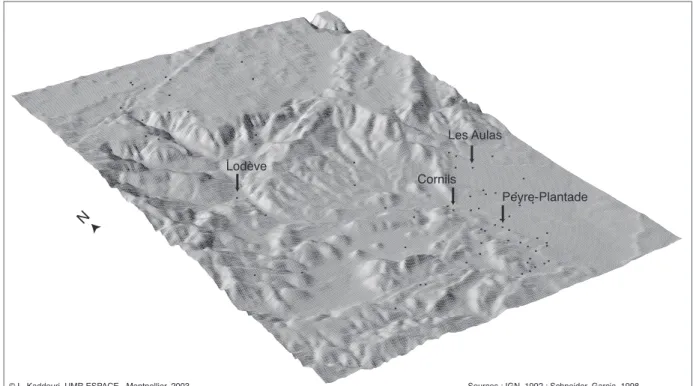 Fig. 4  : Distribution des sites du Haut-Empire sur le modèle numérique de terrain.