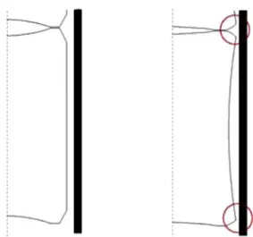 Fig. 1. Illustration of the hourglass shape deformation process: before (left) and during (right) irradiation.