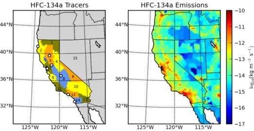 Figure 1. Both figures show the spatial domain and model grid used for the simulations of HFC-134a using WRF-Chem