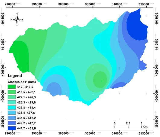 Figure 15. Répartition spatiale de précipitations moyennes annuelles   dans le bassin de l’oued Kramis 