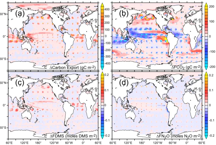 Fig. 2. Spatial maps of the cumulative anomaly (over 20 years) in (a) carbon export (g C m −2 ), (b) ocean CO 2 uptake (FCO 2 , g C m −2 ), (c) ocean to atmosphere DMS flux (FDMS, moles DMS m −2 ), and (d) ocean to atmosphere N 2 O flux (FN 2 O, moles N 2 