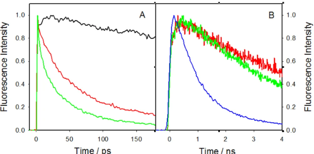 Figure 3. Fluorescence decays at (A) 310 nm using FU and (B) 450 nm using TCSPC of (S)-FBP (black), (S,S)-FBP–TrpMe  (red), (R,S)-FBP–TrpMe (green) and (S)-TrpMe (blue) in MeOH