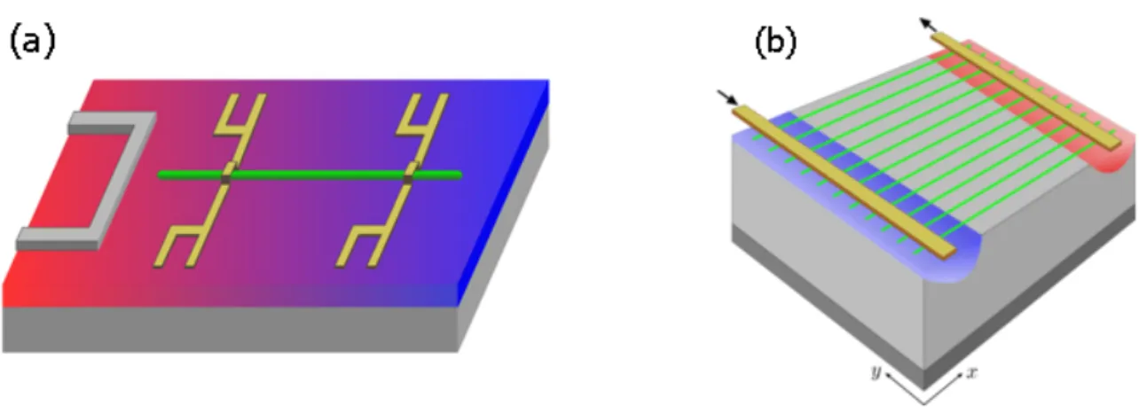 Figure 1: NW-based MOSFETs: (a) A single NW (green) is deposited on an insulating substrate (red and blue)
