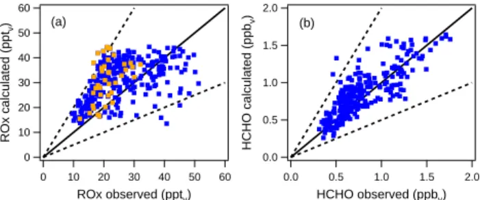 Fig. 4. Comparison between the calculated and observed RO x (a) and HCHO (b) mixing ratios (blue dots) for the model run without isoprene