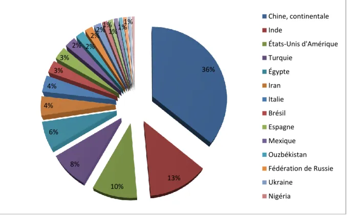 Figure 01 : Les principaux pays producteurs de tomate dans le monde (FAO stat, 2016)  I.3.2 Superficie et production de tomate en Algérie : 