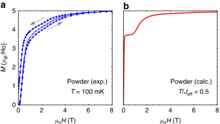 Fig. 4 Magnetization, measurements and calculations. a M vs H measured at 110 mK. The empty symbols show the ﬁ rst magnetization curve and the ﬁ lled symbols the magnetization curves obtained afterwards by ramping the ﬁ eld up and down