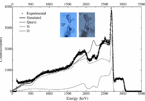 Fig. 1. Experimental and fitted 3.5 MeV proton RBS spectrum of fluid inclusion. 