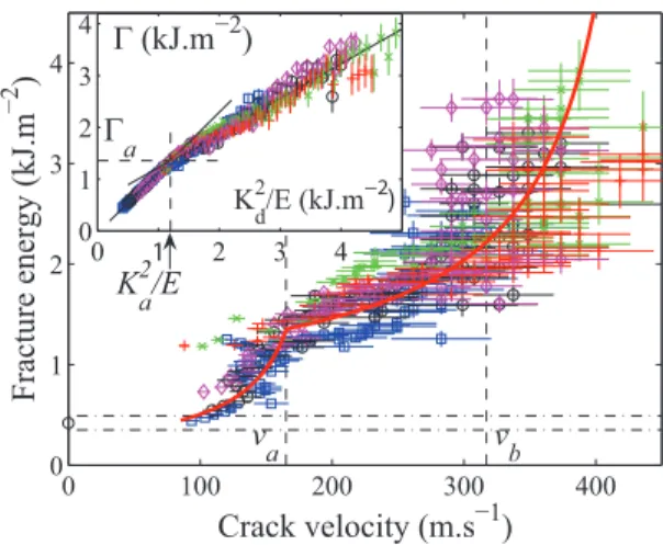 FIG. 1: Measured crack velocity v as a function of crack length c in a typical experiment (U 0 = 2.6 J)
