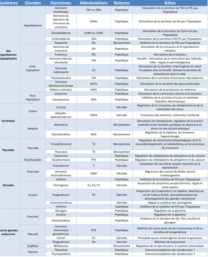 Table II-1. Glandes et hormones qui composent le système endocrinien. D’après (Cornelia Schmutzler et al., 2007) 