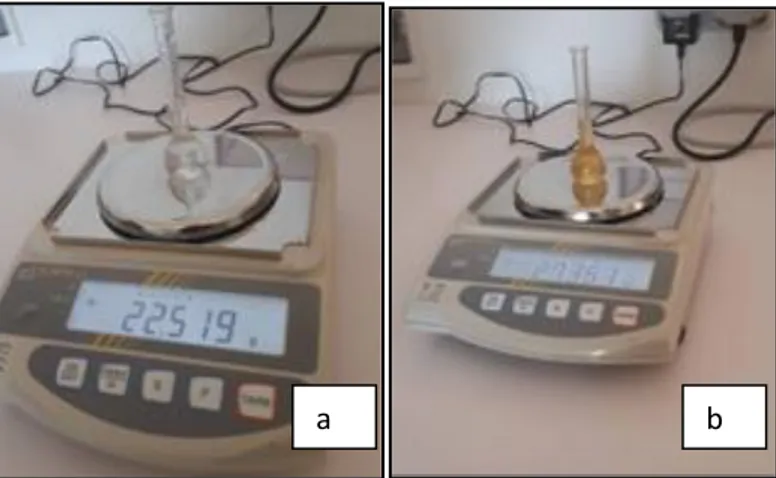 Fig. 15 : a) poids de fiole rempli en eau ; b) poids de fiole rempli par miel. 