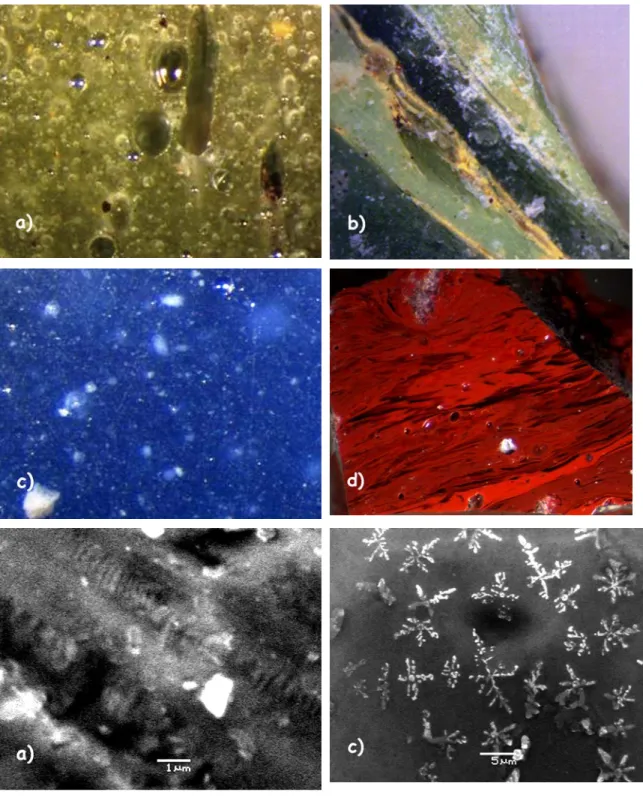 Fig. 2   Typical tesserae microstructures. Optical micrographs: a) green tessera DU_A_5  from Durrës (long side of micrograph 2.4 mm), b) green tessera HA_C_2 from  Hierapolis (long side of micrograph 3.4 mm), c) red tessera HA_C_16 (long side of  microgra