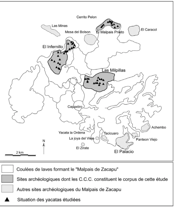 Figure 3 : localisation sur le Malpaís de Zacapu des sites étudiés et de leurs centres civico-cérémoniels
