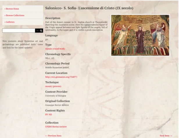 Figure 5. The BYZART website: example of Browse Items page (https://cmc.byzart.eu/items/show/33458, last  accessed 12/30/2019)