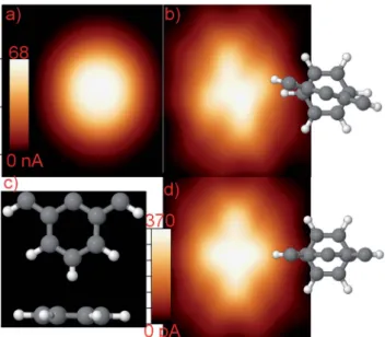 Fig. 3 Geometric representation of the graphene tip in interaction with a benzene molecule adsorbed on graphene (a) at a long distance, (b) at an intermediate distance, and (c) in the short distance regime (notice the deformation of the tip)