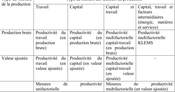 Tableau I.1 : Aperçu des principales mesures de productivité  Type  de  mesure 