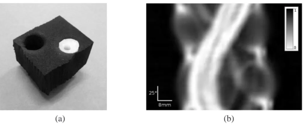 Fig. 2. (a) Photograph of original object: parallelepiped black foam (41 × 49) mm 2 with 2 holes, diameter 15 mm (1 hole with air and 1 hole containing a Teflon cylinder with a 6 mm cylindrical air hole inside)